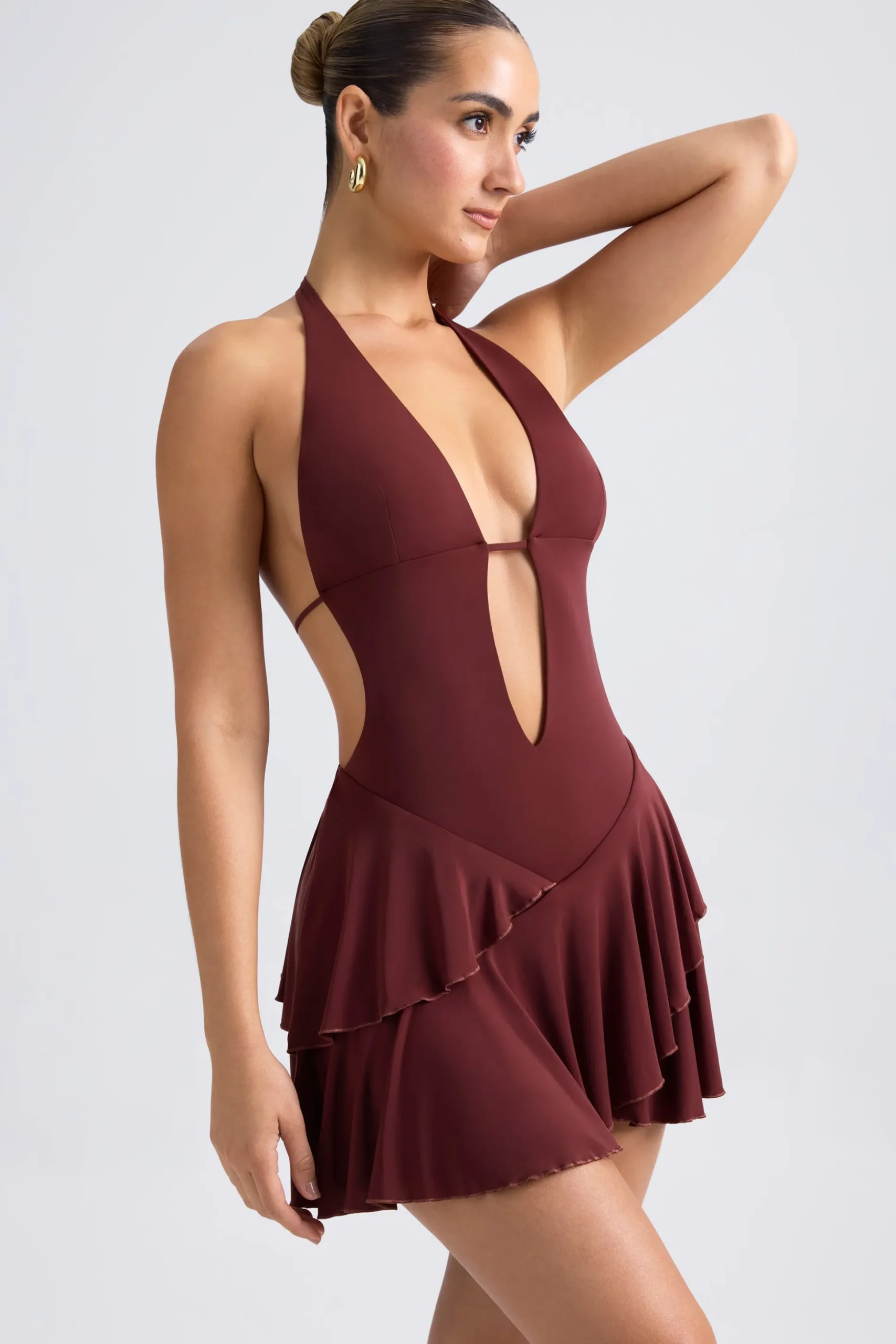 Oh Polly Night Out^Ruffled Cut-Out Halterneck Mini Dress in Chestnut Brown ChestnutBrown