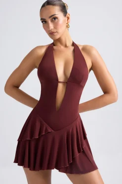 Oh Polly Night Out^Ruffled Cut-Out Halterneck Mini Dress in Chestnut Brown ChestnutBrown