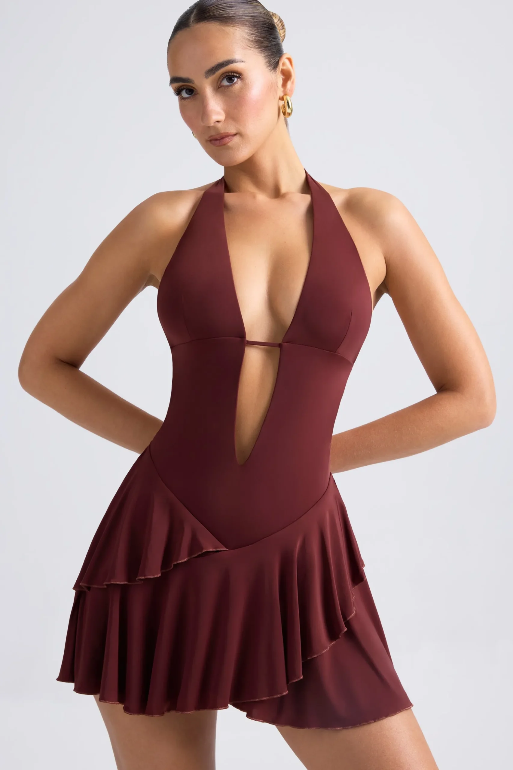 Oh Polly Night Out^Ruffled Cut-Out Halterneck Mini Dress in Chestnut Brown ChestnutBrown