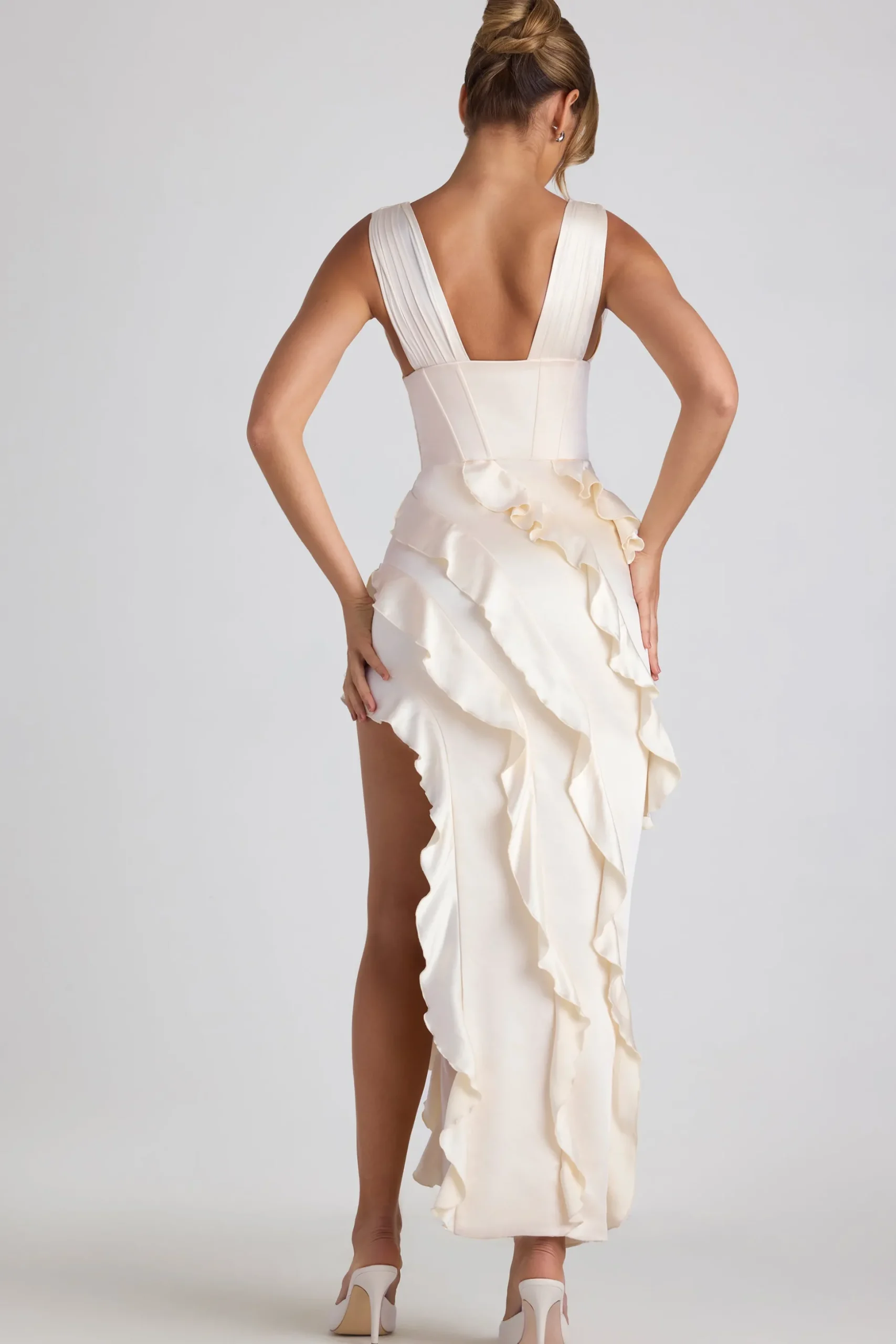 Oh Polly Bride To Be | Satin Dresses^Ruffle-Trim Corset Maxi Dress in Ivory
