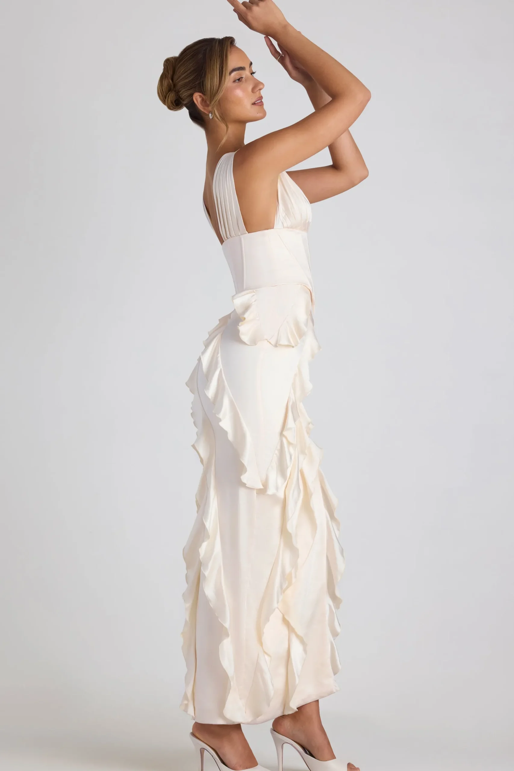 Oh Polly Bride To Be | Satin Dresses^Ruffle-Trim Corset Maxi Dress in Ivory