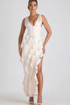 Oh Polly Bride To Be | Satin Dresses^Ruffle-Trim Corset Maxi Dress in Ivory