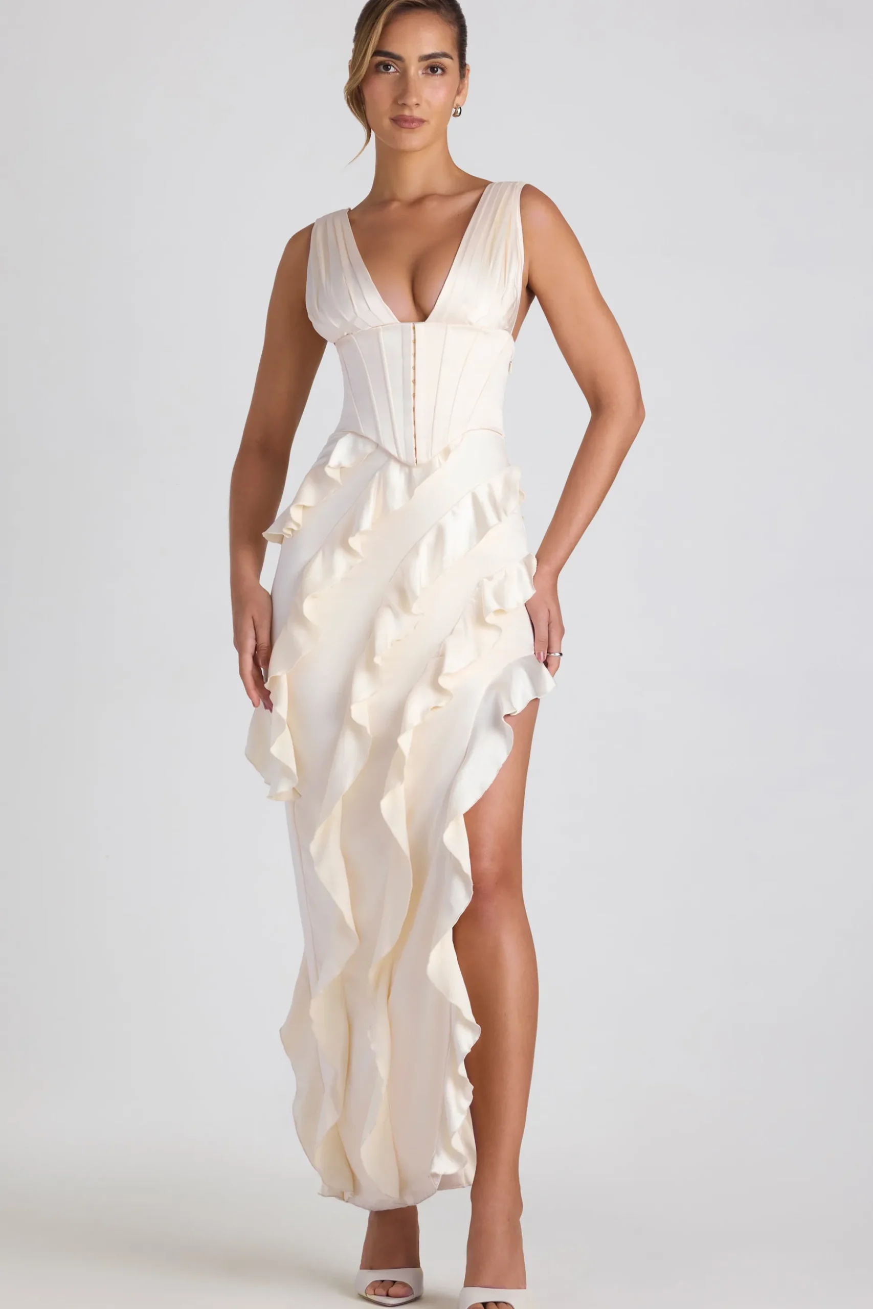 Oh Polly Bride To Be | Satin Dresses^Ruffle-Trim Corset Maxi Dress in Ivory