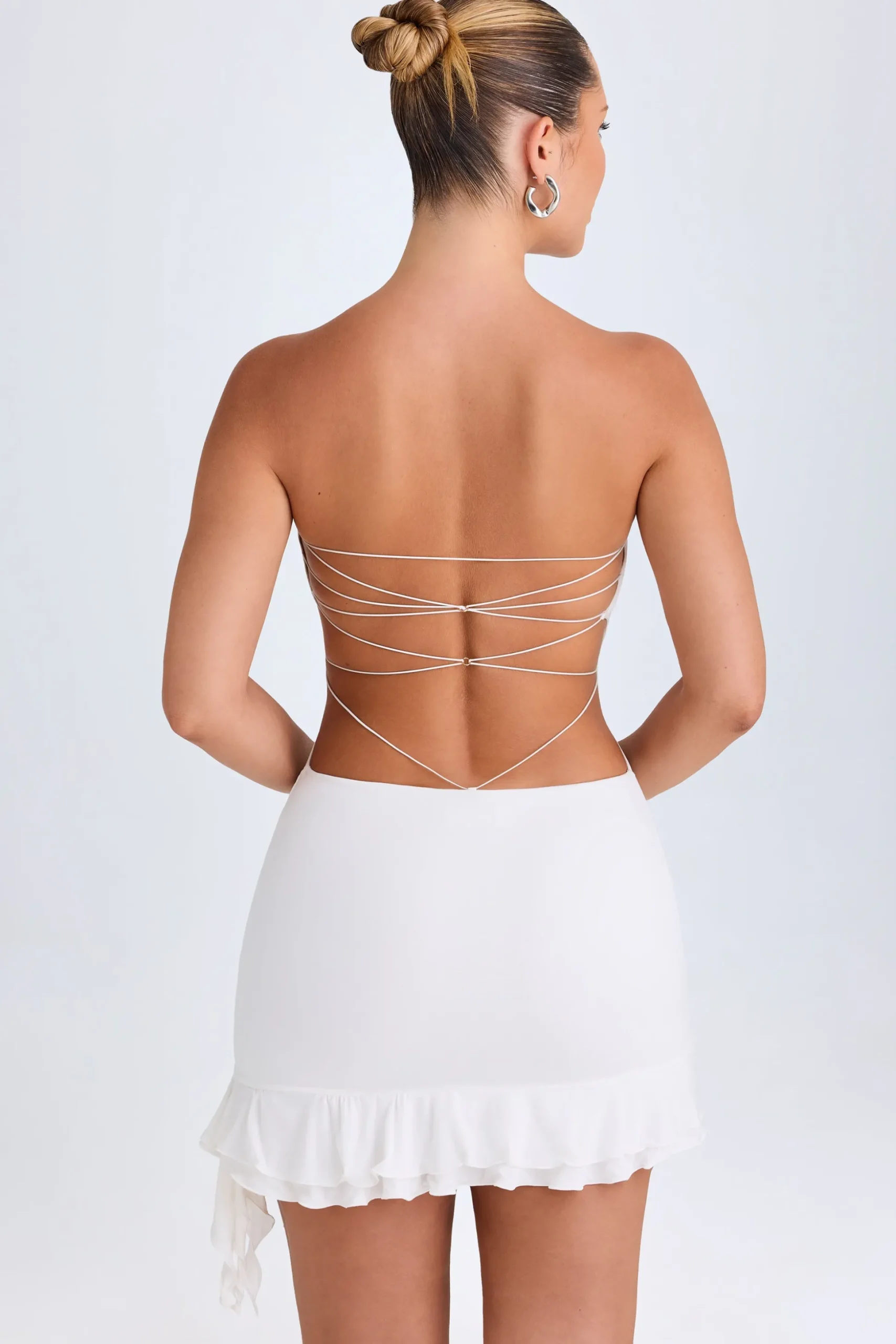 Oh Polly Night Out^Ruffle-Trim Cut-Out Bandeau Mini Dress in White