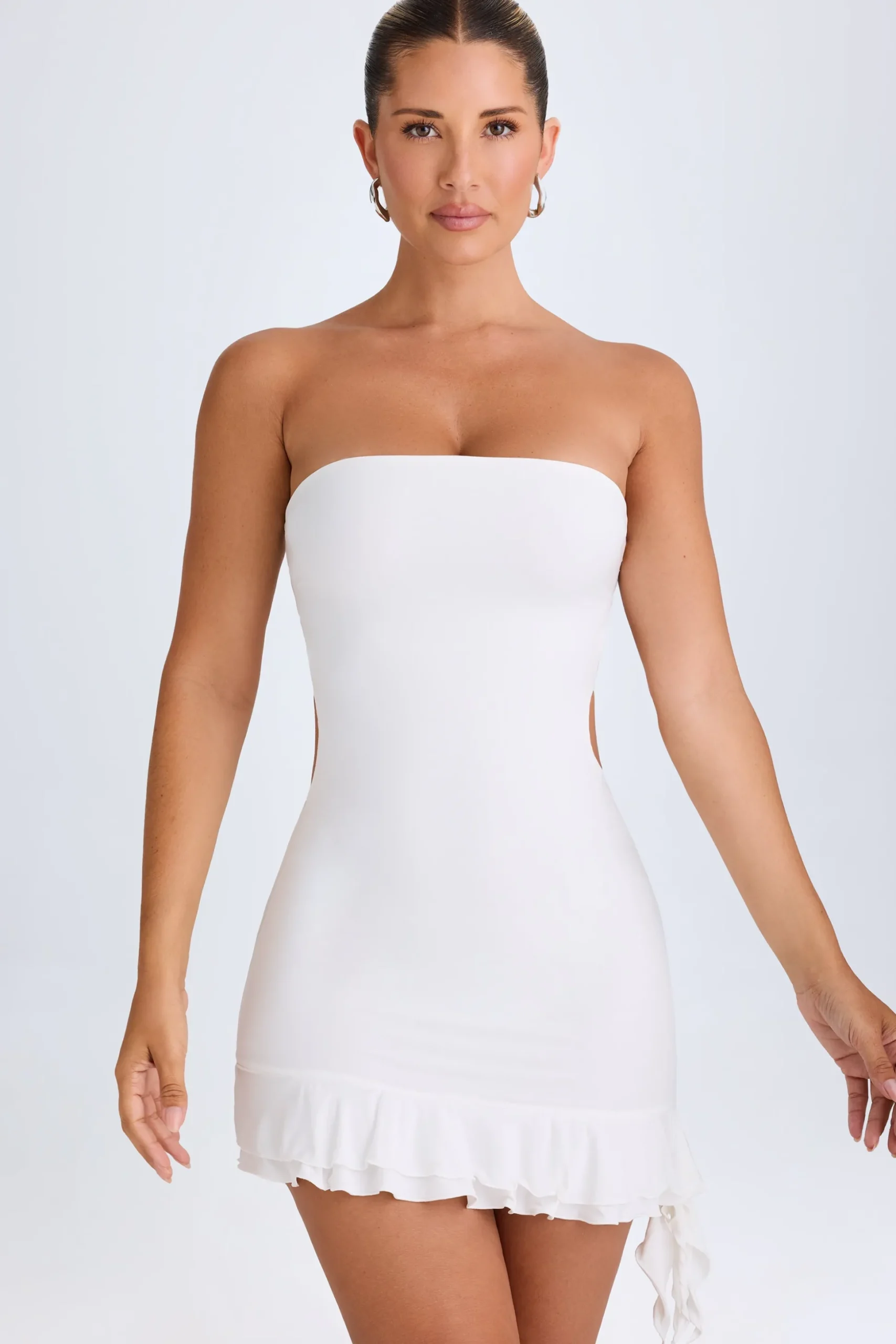 Oh Polly Night Out^Ruffle-Trim Cut-Out Bandeau Mini Dress in White