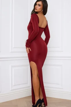 Oh Polly Holiday Party Dresses & Outfits^Ruffle-Trim Cut-Out Maxi Dress in Berry Red BerryRed
