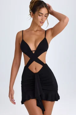 Oh Polly Night Out^Ruffle-Trim Cut-Out Mini Dress in Black