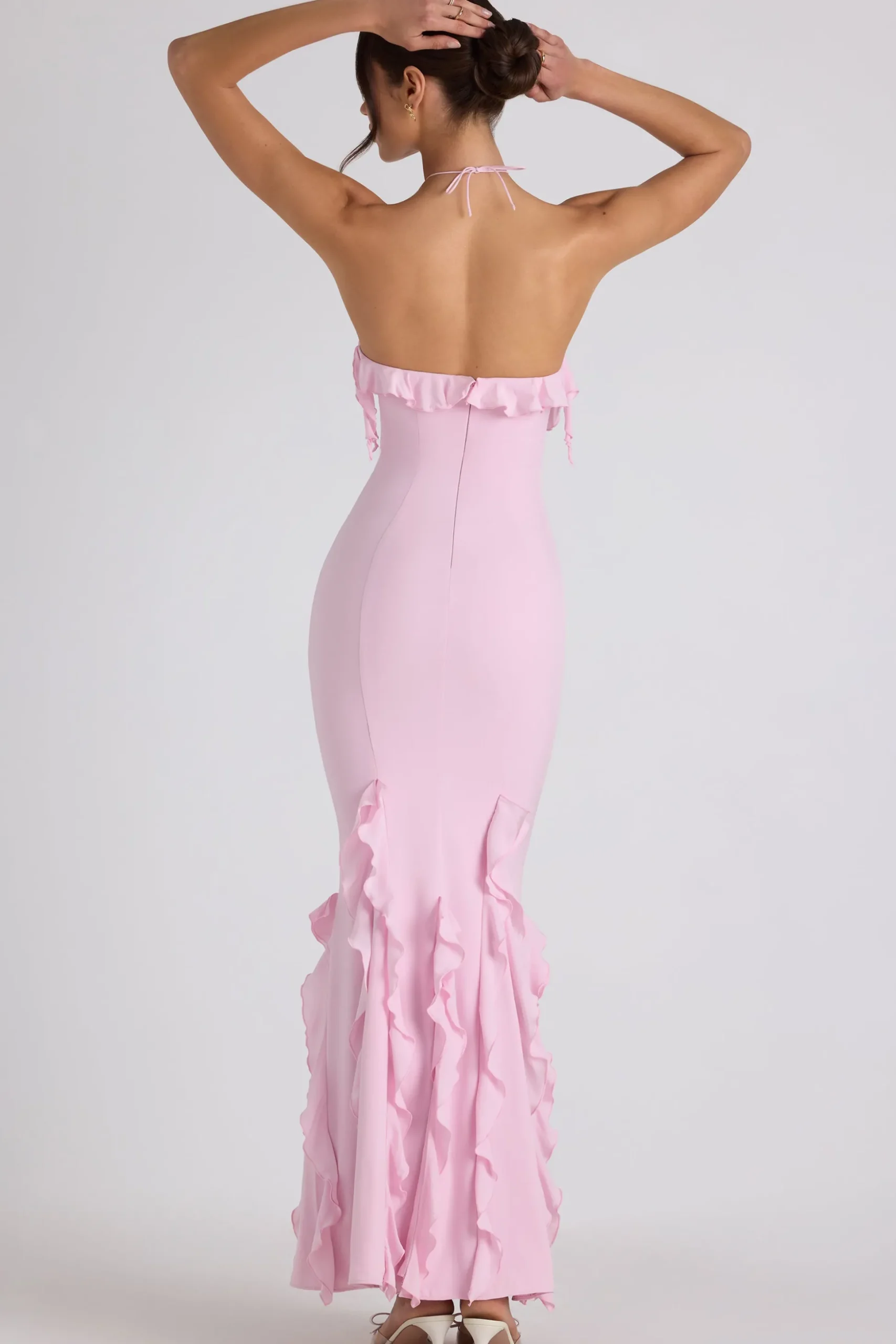 Oh Polly Wedding Guest | Georgette And Chiffon^Ruffle-Trim Halterneck Gown in Soft Pink SoftPink