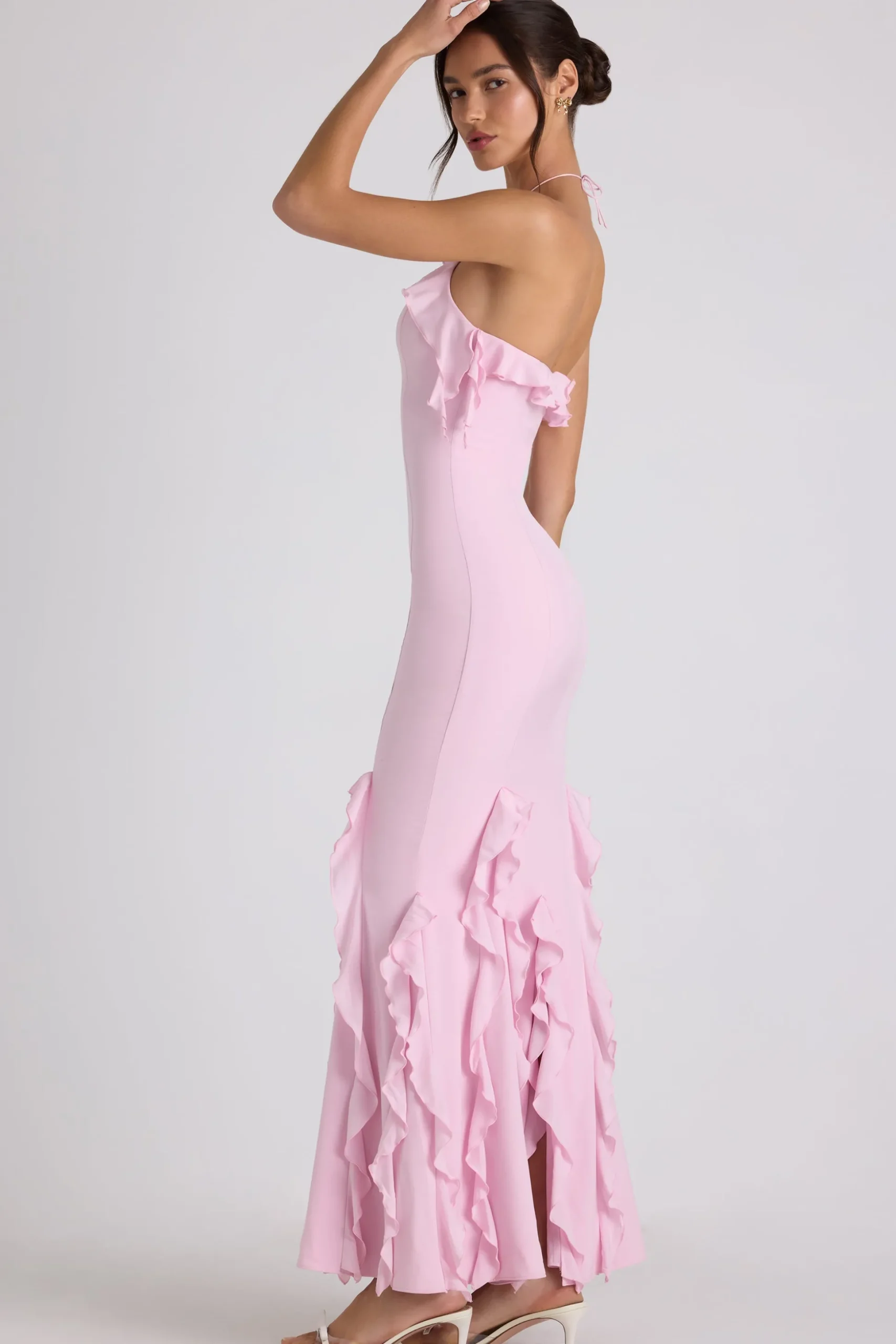 Oh Polly Wedding Guest | Georgette And Chiffon^Ruffle-Trim Halterneck Gown in Soft Pink SoftPink