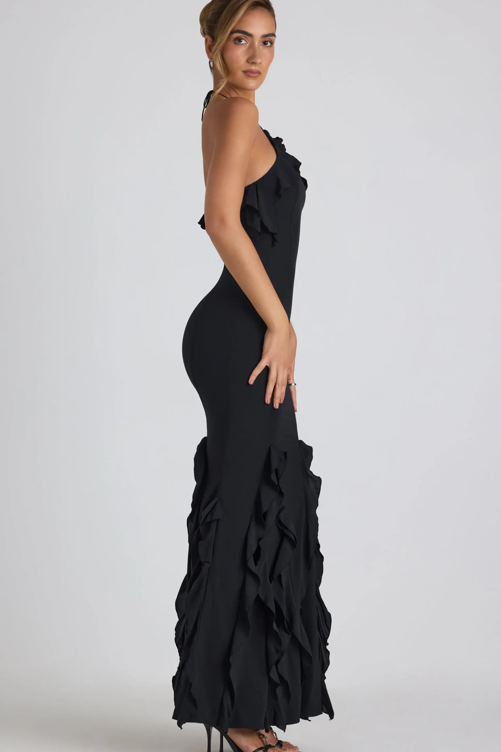 Oh Polly Wedding Guest | Georgette And Chiffon^Ruffle-Trim Halterneck Gown in Black