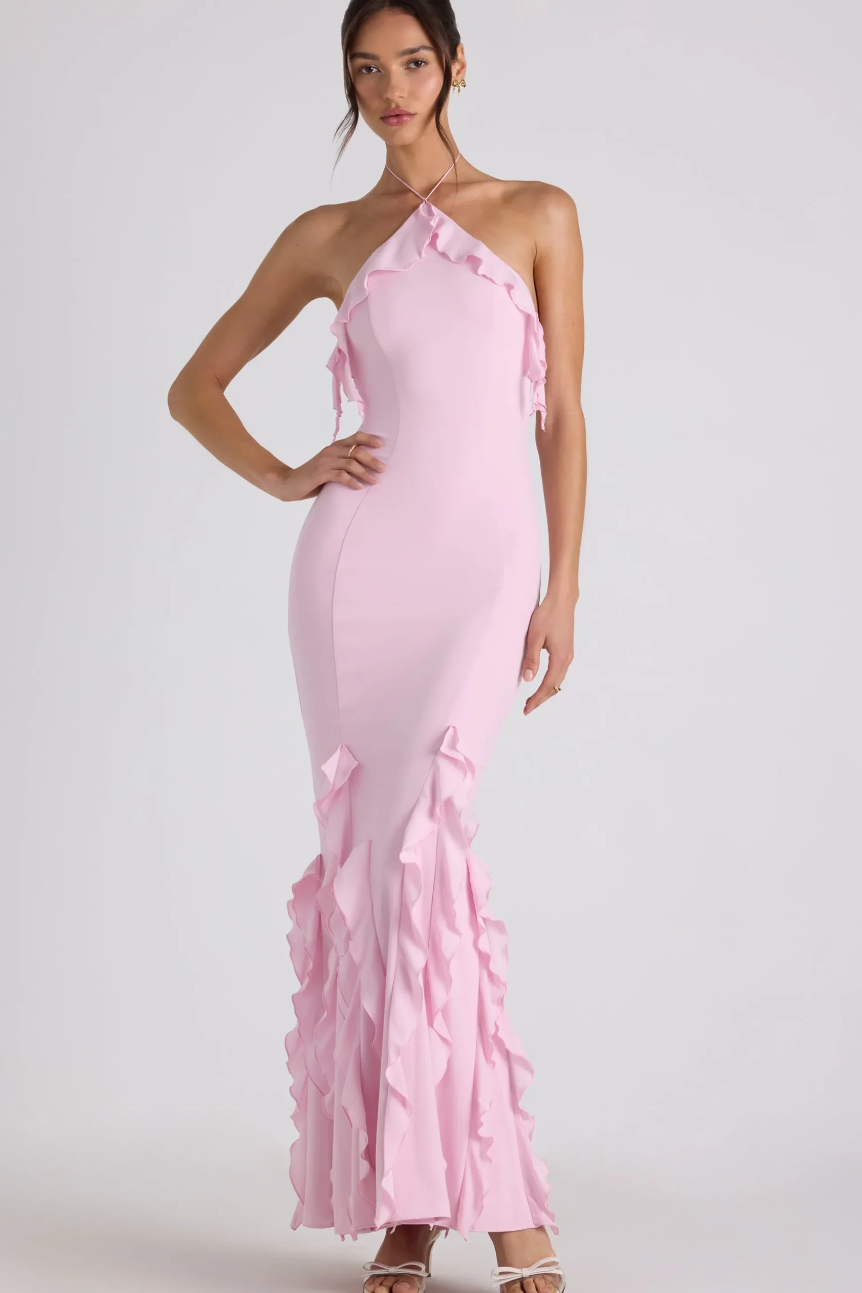 Oh Polly Wedding Guest | Georgette And Chiffon^Ruffle-Trim Halterneck Gown in Soft Pink SoftPink
