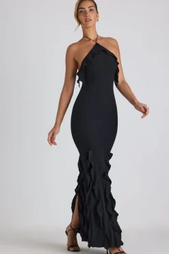 Oh Polly Wedding Guest | Georgette And Chiffon^Ruffle-Trim Halterneck Gown in Black