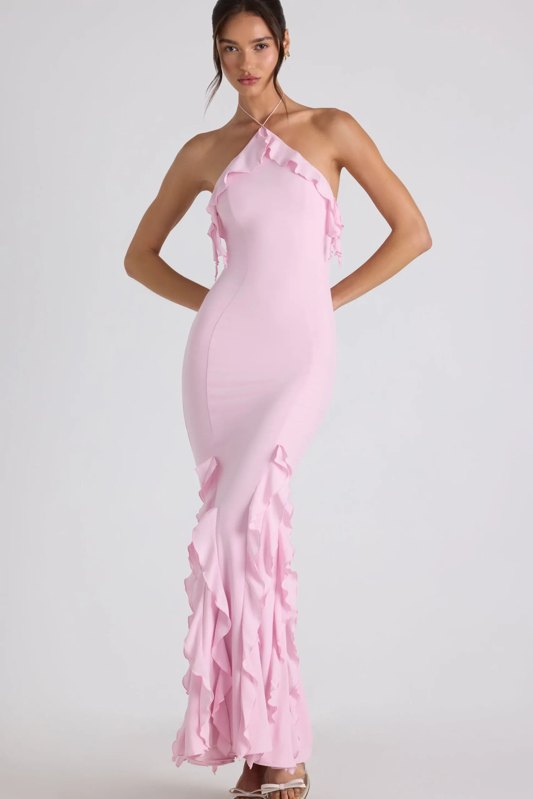 Oh Polly Wedding Guest | Georgette And Chiffon^Ruffle-Trim Halterneck Gown in Soft Pink SoftPink