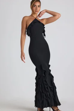 Oh Polly Wedding Guest | Georgette And Chiffon^Ruffle-Trim Halterneck Gown in Black