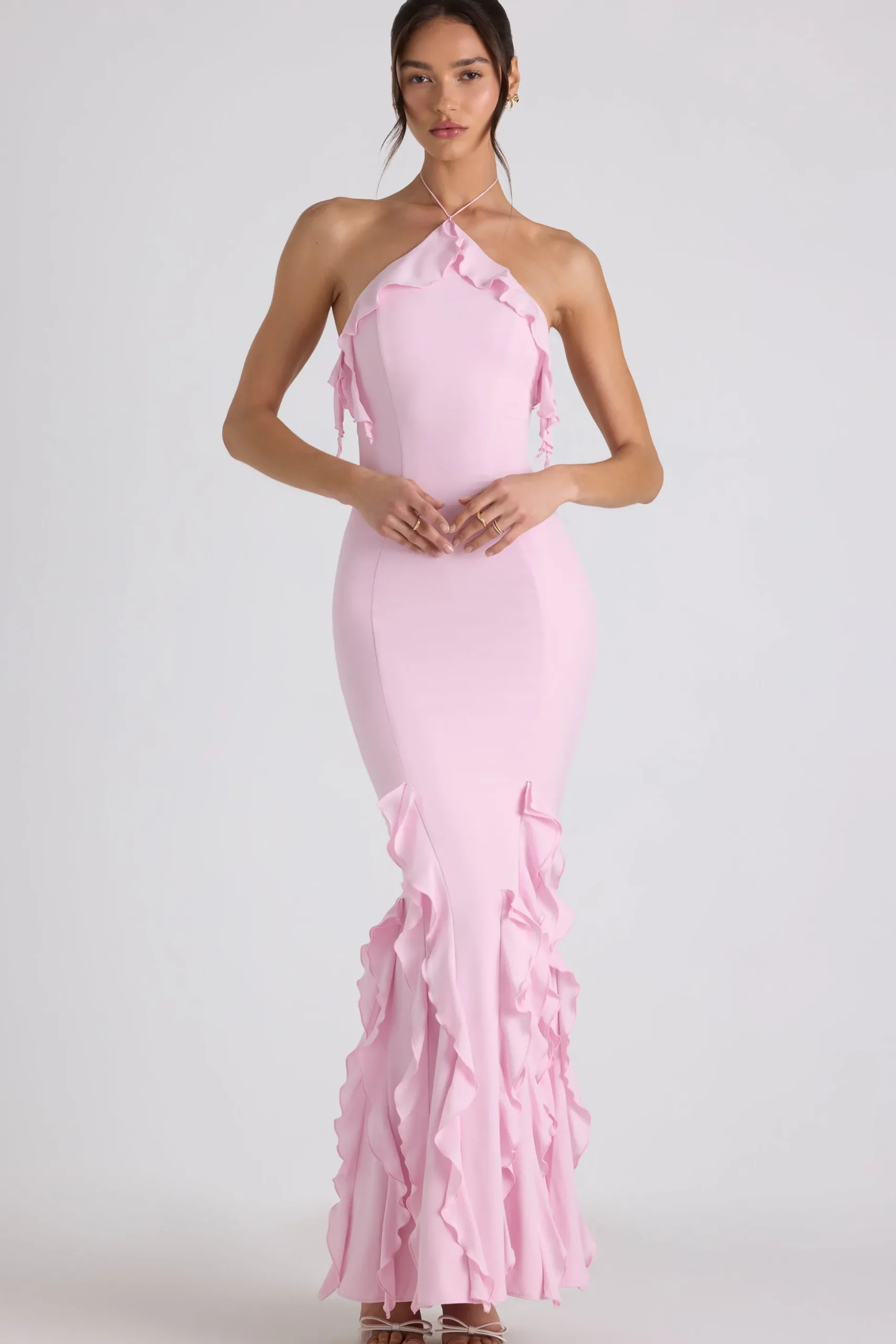 Oh Polly Wedding Guest | Georgette And Chiffon^Ruffle-Trim Halterneck Gown in Soft Pink SoftPink