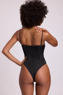 Oh Polly Tops^Satin Plunge Neck Lace Up Corset Bodysuit in Black