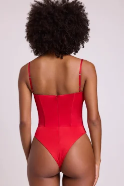 Oh Polly Tops^Satin Plunge Neck Lace Up Corset Bodysuit in Fire Red FireRed