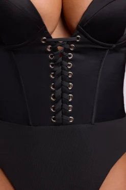 Oh Polly Tops^Satin Plunge Neck Lace Up Corset Bodysuit in Black