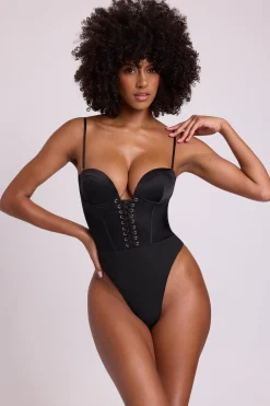 Oh Polly Tops^Satin Plunge Neck Lace Up Corset Bodysuit in Black