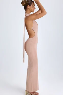 Oh Polly Wedding Guest^Scarf-Detail Cut-Out Halterneck Maxi Dress in Warm Peach WarmPeach