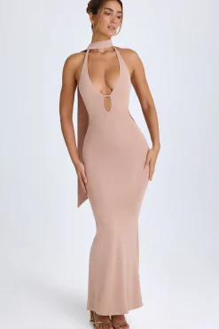 Oh Polly Wedding Guest^Scarf-Detail Cut-Out Halterneck Maxi Dress in Warm Peach WarmPeach