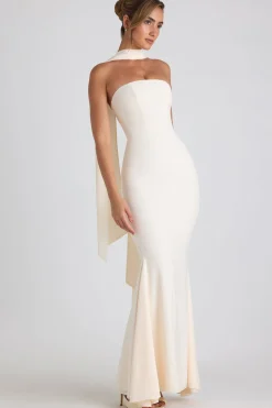 Oh Polly Georgette And Chiffon^Scarf-Detail Strapless Gown in Ivory
