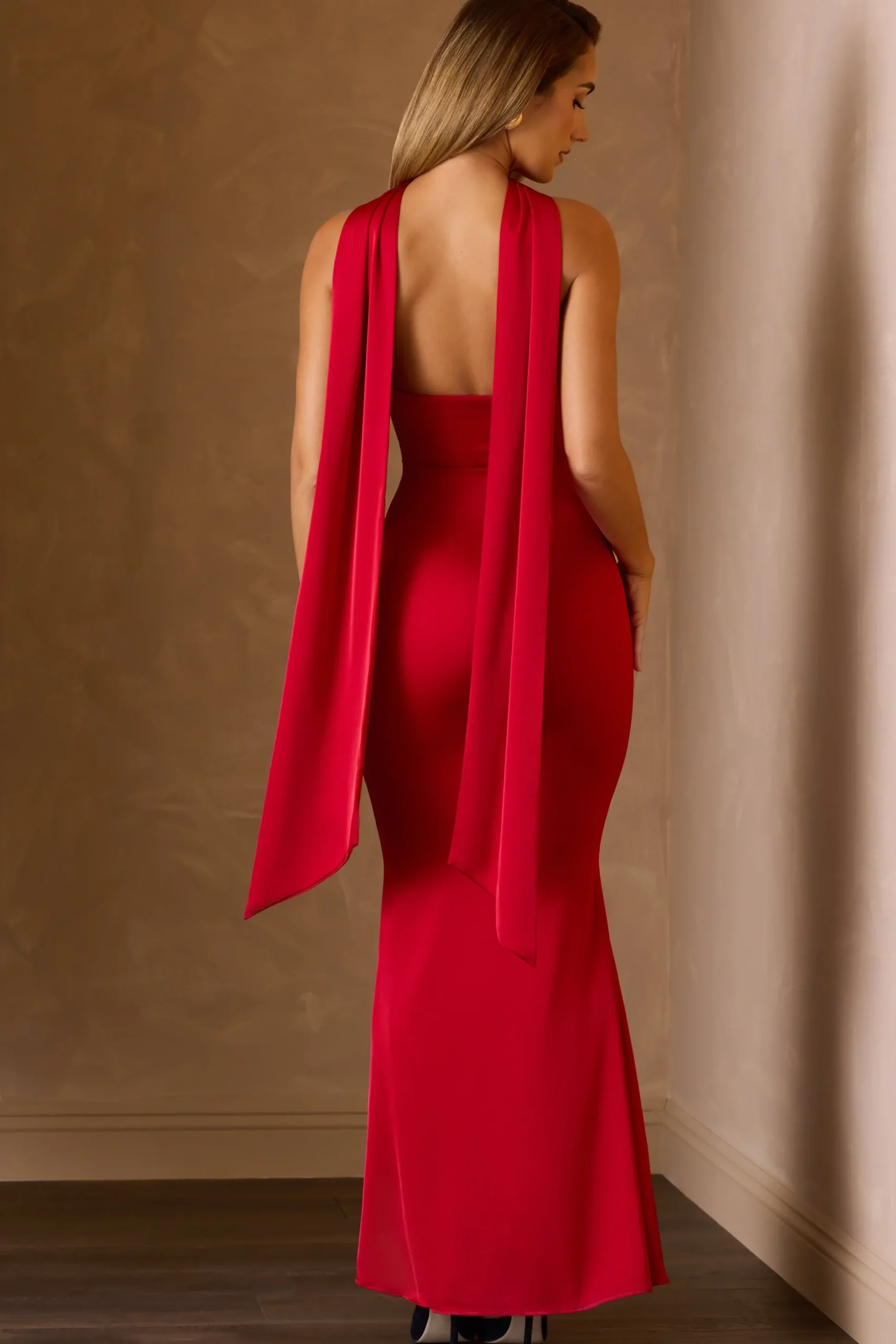 Oh Polly Holiday Party Dresses & Outfits | Satin Dresses^Scarf-Detail Strapless Gown in Scarlet Red ScarletRed