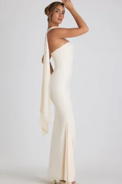 Oh Polly Georgette And Chiffon^Scarf-Detail Strapless Gown in Ivory