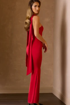 Oh Polly Holiday Party Dresses & Outfits | Satin Dresses^Scarf-Detail Strapless Gown in Scarlet Red ScarletRed
