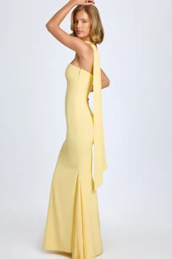Oh Polly Wedding Guest | Georgette And Chiffon^Scarf-Detail Strapless Gown in Pastel Yellow PastelYellow