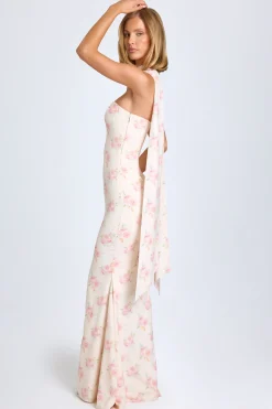 Oh Polly Wedding Guest | Georgette And Chiffon^Scarf-Detail Strapless Gown in Large Rose Print LargeRosePrint