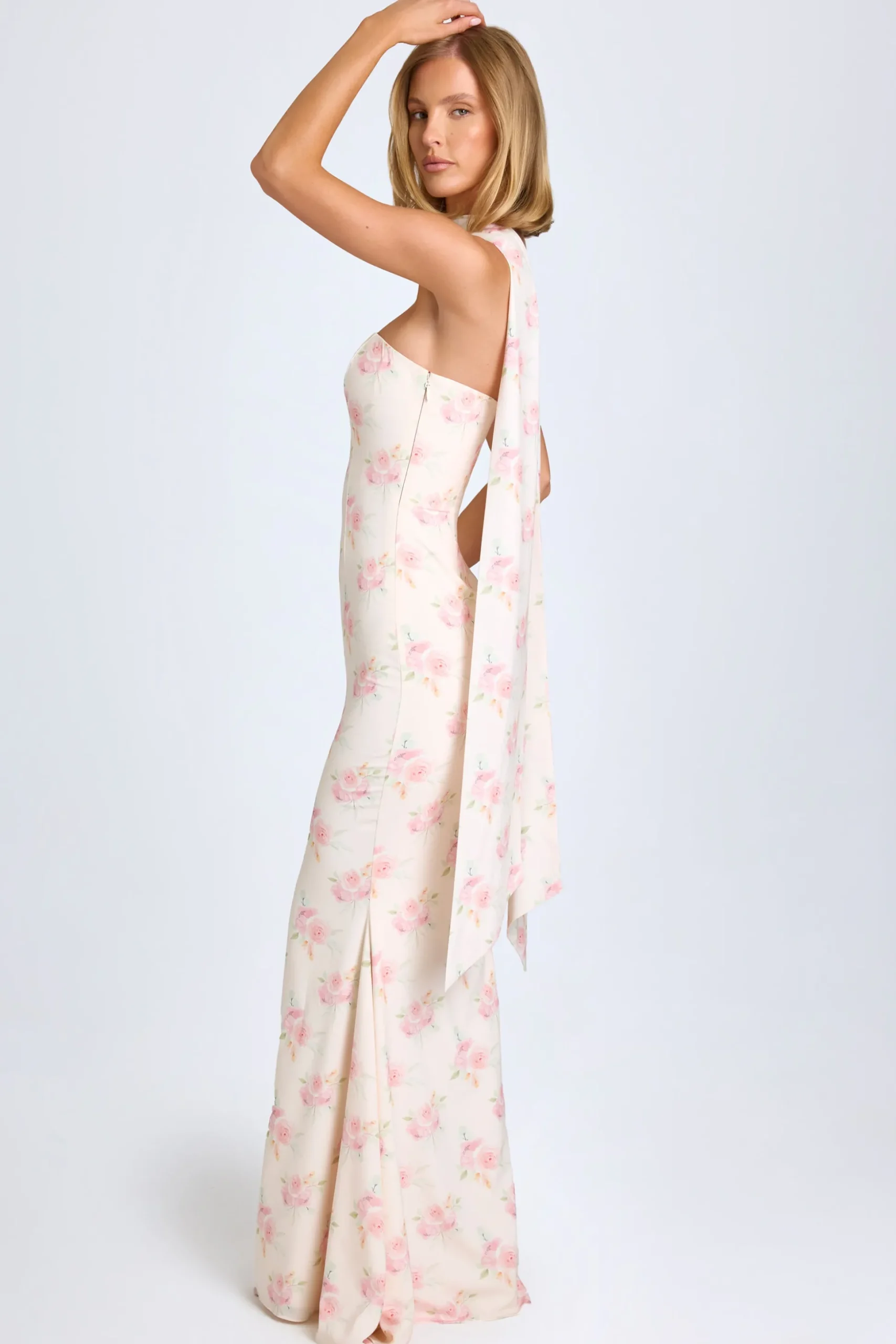 Oh Polly Wedding Guest | Georgette And Chiffon^Scarf-Detail Strapless Gown in Large Rose Print LargeRosePrint