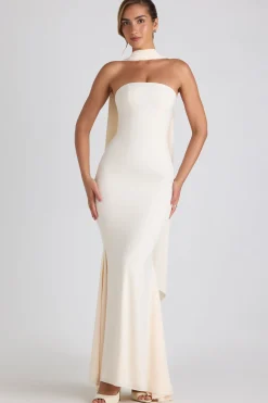 Oh Polly Georgette And Chiffon^Scarf-Detail Strapless Gown in Ivory