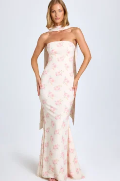 Oh Polly Wedding Guest | Georgette And Chiffon^Scarf-Detail Strapless Gown in Large Rose Print LargeRosePrint