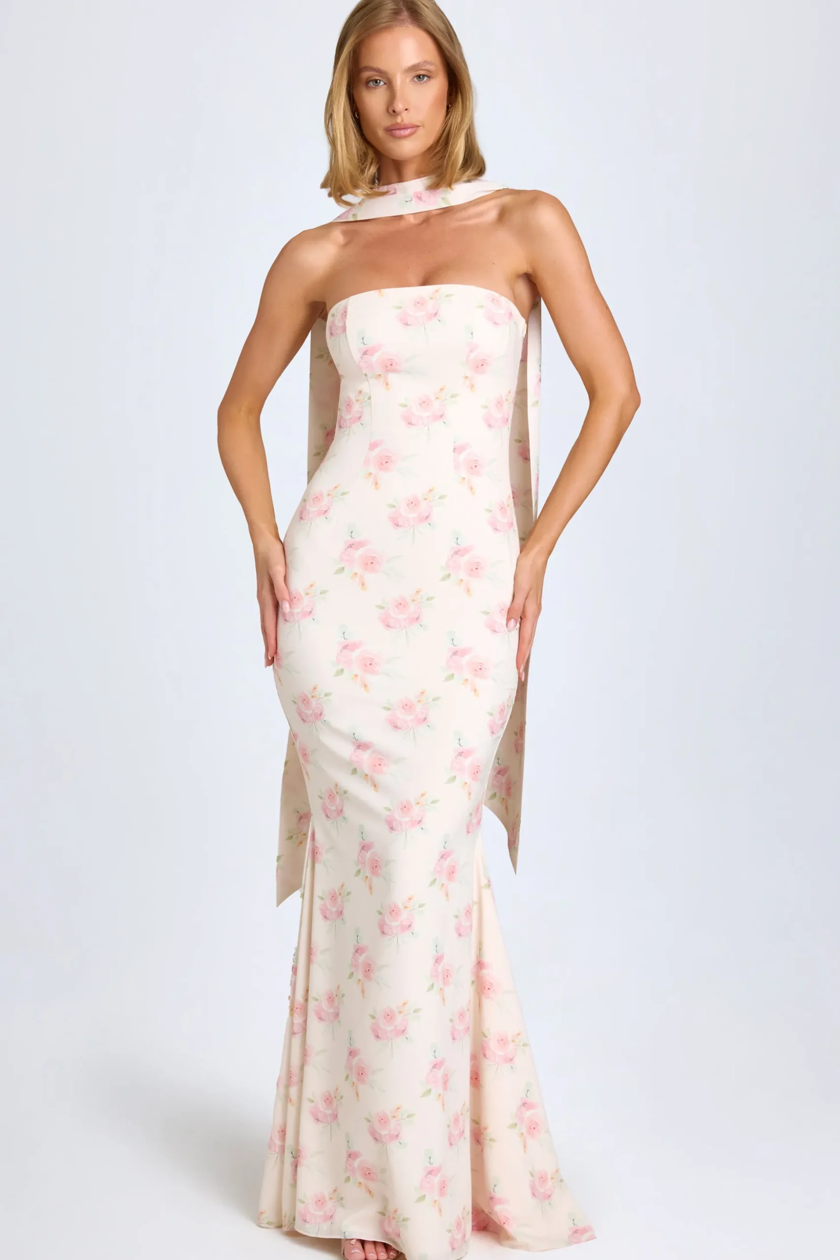 Oh Polly Wedding Guest | Georgette And Chiffon^Scarf-Detail Strapless Gown in Large Rose Print LargeRosePrint