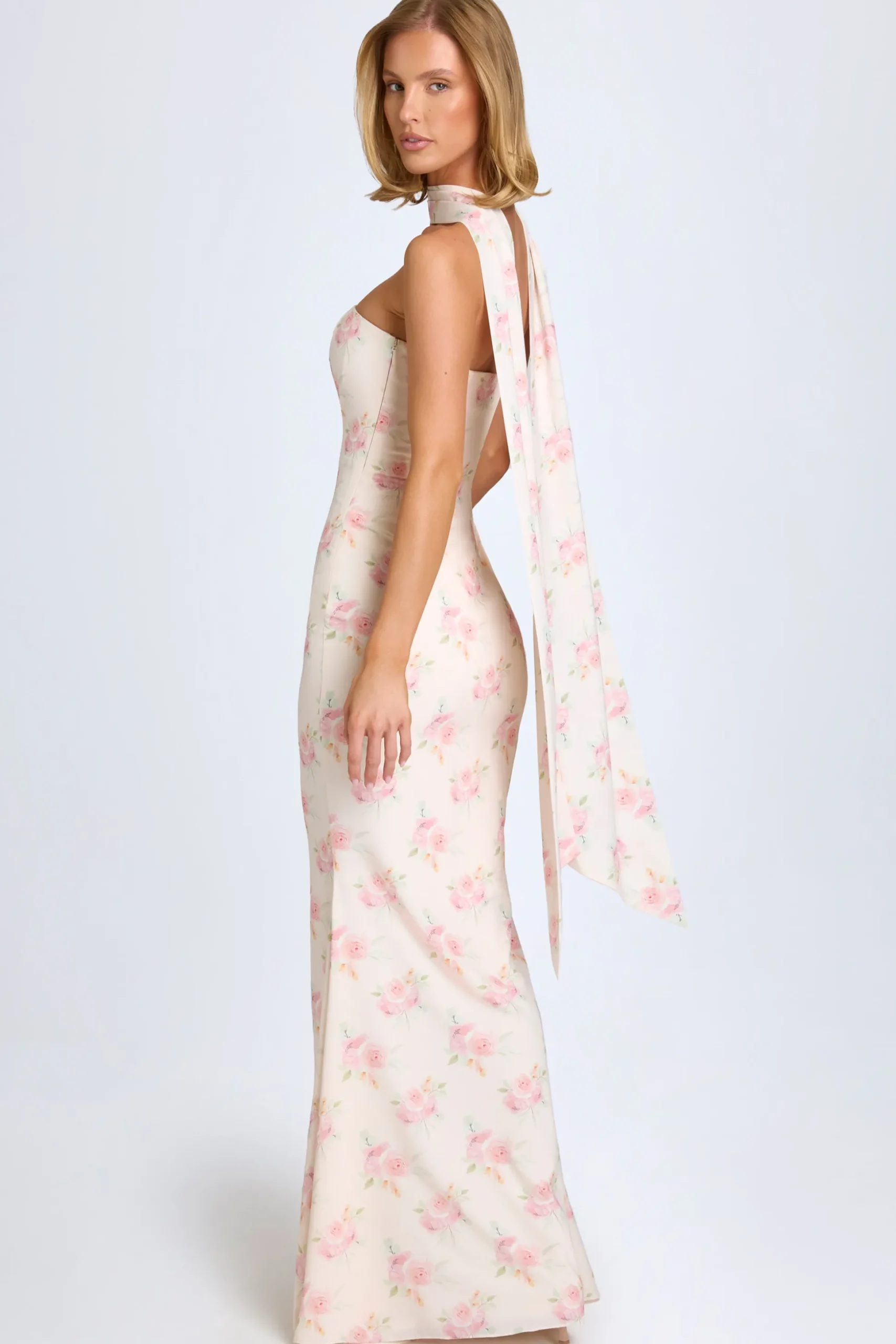 Oh Polly Wedding Guest | Georgette And Chiffon^Scarf-Detail Strapless Gown in Large Rose Print LargeRosePrint