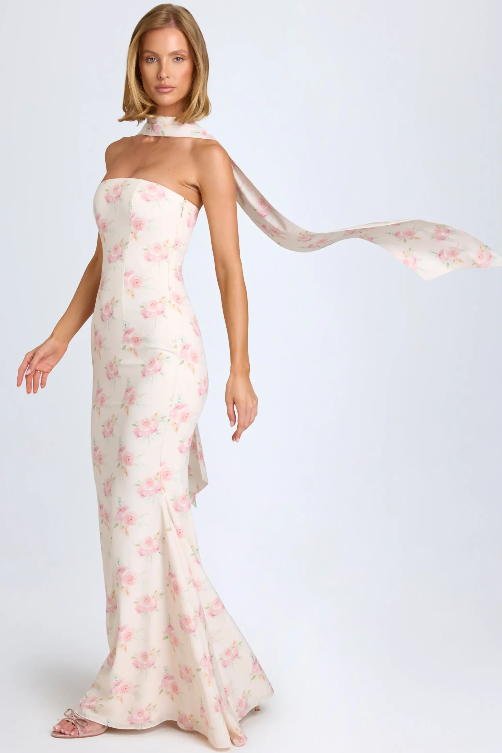 Oh Polly Wedding Guest | Georgette And Chiffon^Scarf-Detail Strapless Gown in Large Rose Print LargeRosePrint