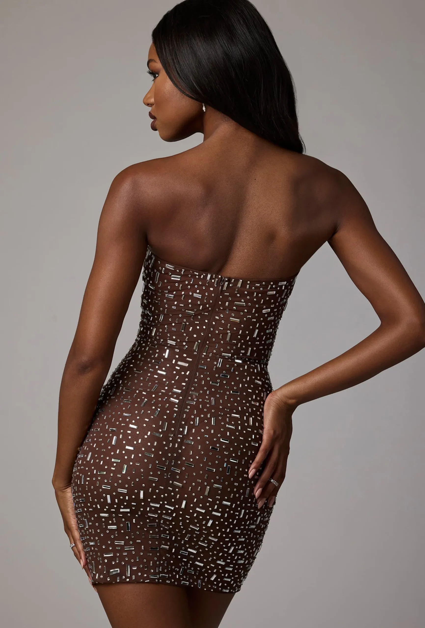 Oh Polly Party Dresses | Holiday Party Dresses & Outfits^Sheer Embellished Bodycon Mini Dress in Deep Cocoa DeepCocoa