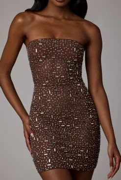 Oh Polly Party Dresses | Holiday Party Dresses & Outfits^Sheer Embellished Bodycon Mini Dress in Deep Cocoa DeepCocoa