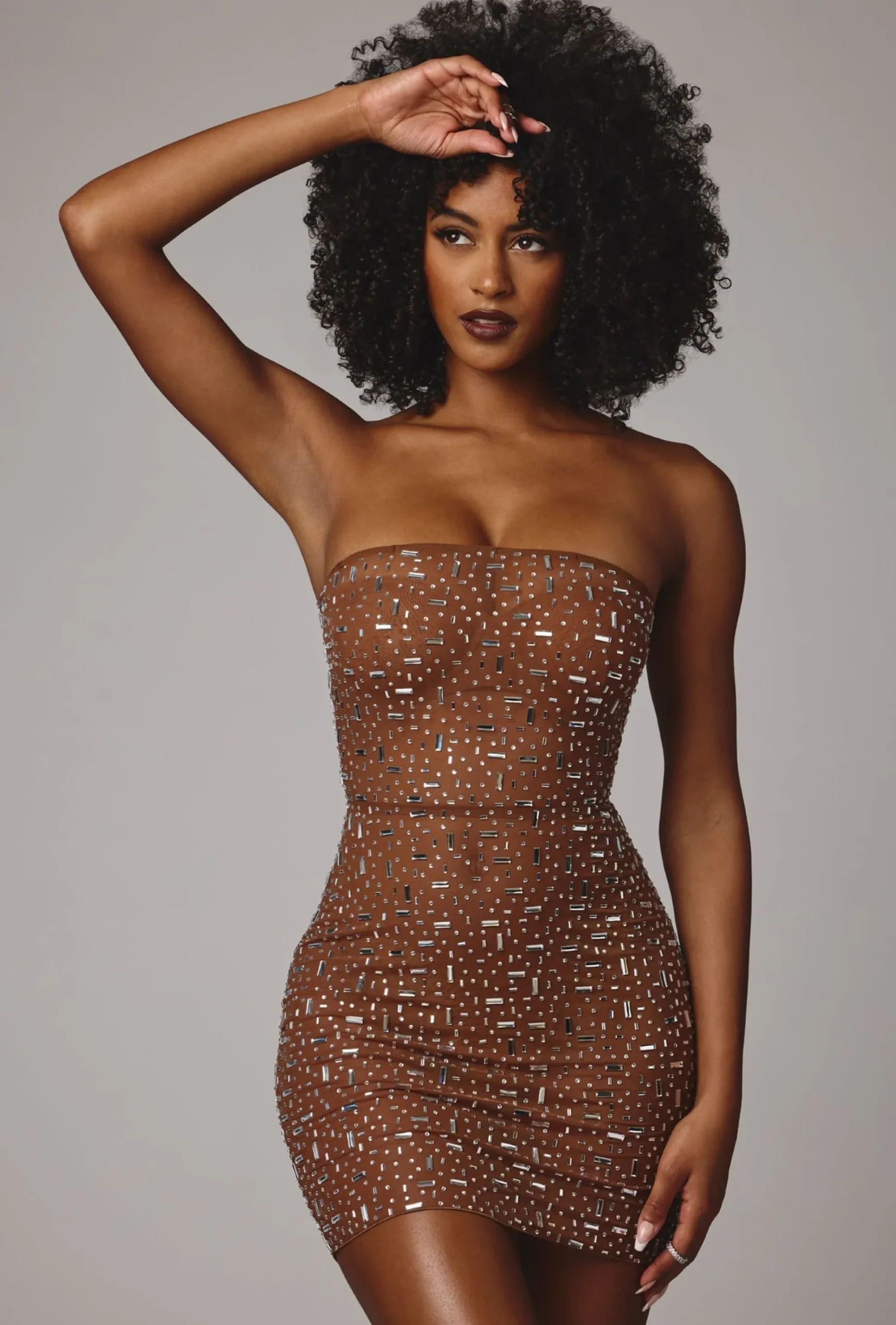 Oh Polly Party Dresses | Holiday Party Dresses & Outfits^Sheer Embellished Bodycon Mini Dress in Mocha
