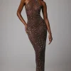 Oh Polly Party Dresses | Holiday Party Dresses & Outfits^Sheer Embellished High Neck Evening Gown in Deep Cocoa DeepCocoa