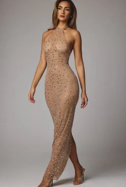 Oh Polly Party Dresses | Holiday Party Dresses & Outfits^Sheer Embellished High Neck Evening Gown in Almond