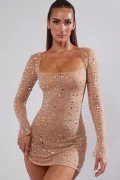 Oh Polly Party Dresses | Birthday^Sheer Embellished Long Sleeve A-Line Mini Dress in Almond