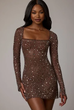 Oh Polly Party Dresses | Holiday Party Dresses & Outfits^Sheer Embellished Long Sleeve A-Line Mini Dress in Deep Cocoa DeepCocoa