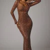Oh Polly Party Dresses | Holiday Party Dresses & Outfits^Sheer Embellished Long Sleeve Evening Gown in Mocha