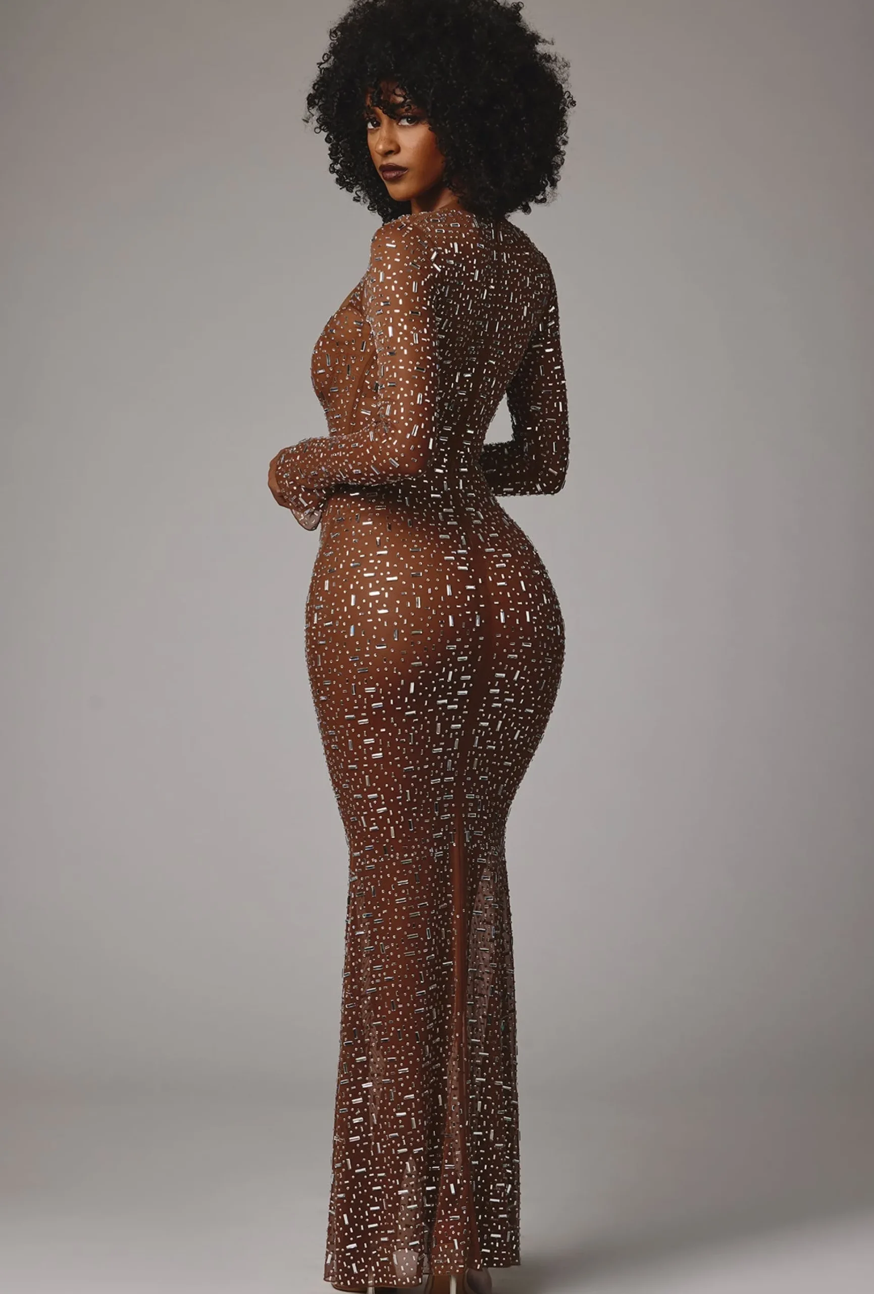 Oh Polly Party Dresses | Holiday Party Dresses & Outfits^Sheer Embellished Long Sleeve Evening Gown in Mocha