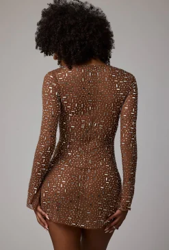 Oh Polly Party Dresses | Holiday Party Dresses & Outfits^Sheer Embellished Long Sleeve A-Line Mini Dress in Mocha