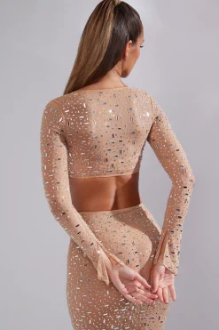 Oh Polly Tops | Party Dresses^Sheer Embellished Long Sleeve Square Neck Crop Top in Almond