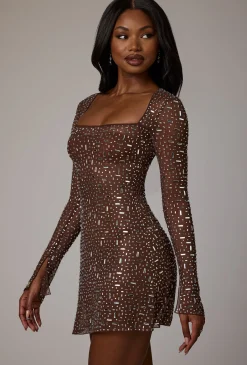 Oh Polly Party Dresses | Holiday Party Dresses & Outfits^Sheer Embellished Long Sleeve A-Line Mini Dress in Deep Cocoa DeepCocoa