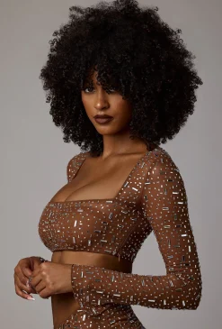 Oh Polly Co-Ords | Tops^Sheer Embellished Long Sleeve Crop Top in Mocha